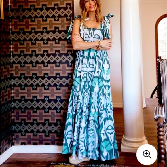 Sheridan French Kelly Dress Tulip Ikat EmeraldBow Strap Smocked Maxi S